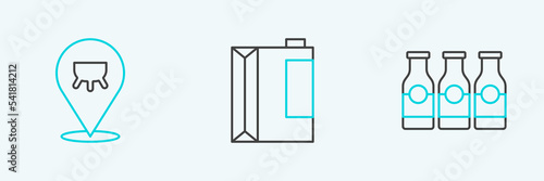Set line Bottle with milk, Udder and Paper package for kefir icon. Vector