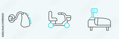 Set line Hospital bed, Hearing aid and Electric wheelchair icon. Vector