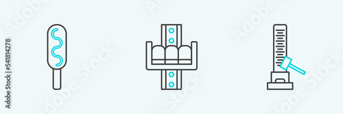 Set line High striker attraction with big hammer, Corn dog and Attraction carousel icon. Vector