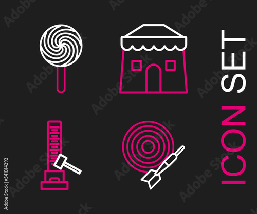 Set line Classic dart board and arrow, High striker attraction with big hammer, Circus tent and Lollipop icon. Vector