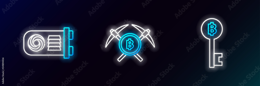Set line Cryptocurrency Bitcoin key, Mining farm and Crossed pickaxe icon. Glowing neon. Vector Set line Cryptocurrency Bitcoin key, Mining farm and Crossed pickaxe icon. Glowing neon. Vector