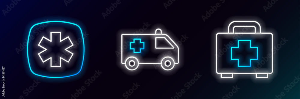 Set line First aid kit, Emergency - Star of Life and Ambulance car icon. Glowing neon. Vector Set line First aid kit, Emergency - Star of Life and Ambulance car icon. Glowing neon. Vector