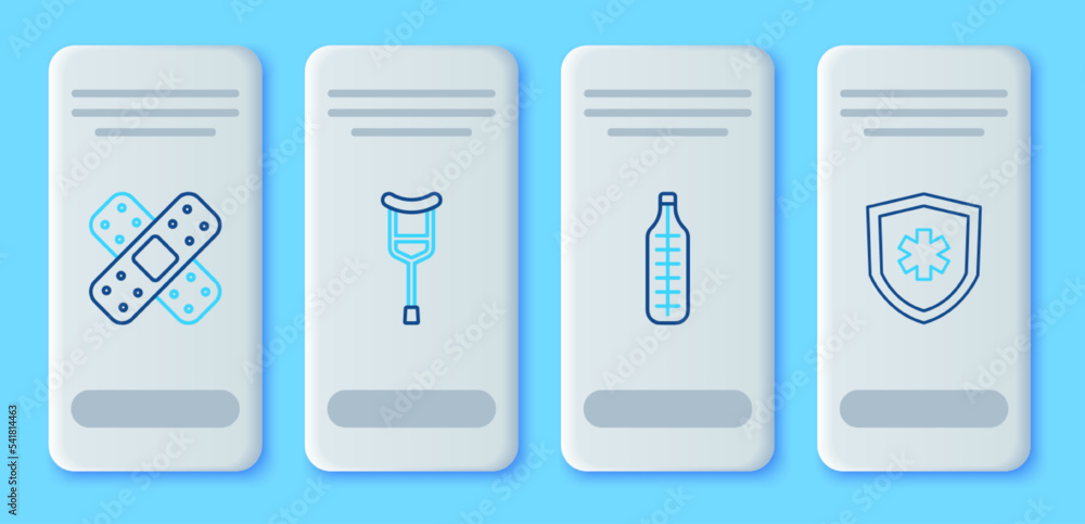 Set line Crutch or crutches, Medical thermometer, Crossed bandage plaster and Life insurance icon. Vector Set line Crutch or crutches, Medical thermometer, Crossed bandage plaster and Life insurance icon. Vector