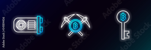 Set line Cryptocurrency Bitcoin key, Mining farm and Crossed pickaxe icon. Glowing neon. Vector