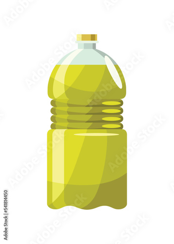 Vegetable oil bottle. Can with vitamin oil for cooking. Virgin organic healthy liquid product from seed. Isolated cartoon icon with sunflower product
