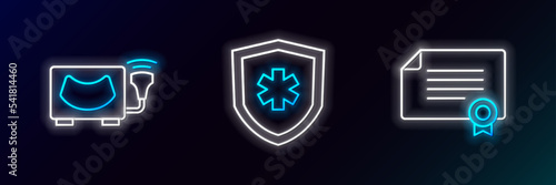 Set line Certificate template, Ultrasound and Life insurance icon. Glowing neon. Vector