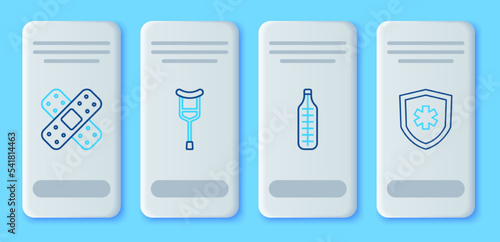 Set line Crutch or crutches, Medical thermometer, Crossed bandage plaster and Life insurance icon. Vector