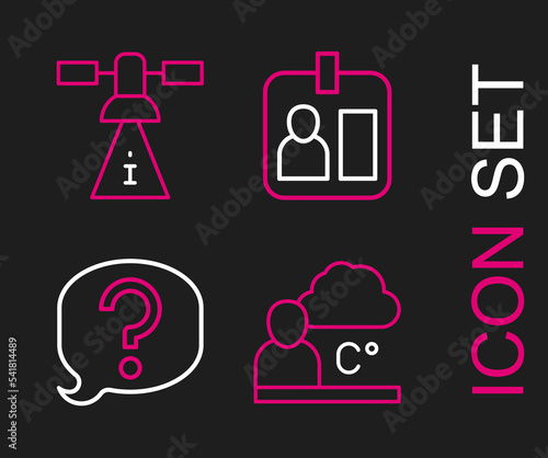 Set line Weather forecast, Speech bubble chat, Journalist id card and Satellite icon. Vector