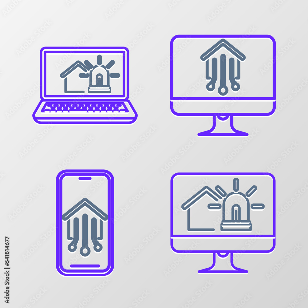 Set line Computer monitor with smart house and alarm, Mobile phone home, and Laptop icon. Vector Set line Computer monitor with smart house and alarm, Mobile phone home, and Laptop icon. Vector