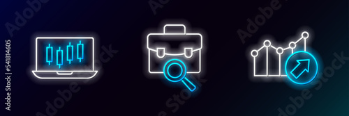 Set line Financial growth, Stocks market graphs and Work search icon. Glowing neon. Vector