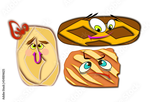 Three loaves of bread with eyes. Cartoon characters. Raster graphics.