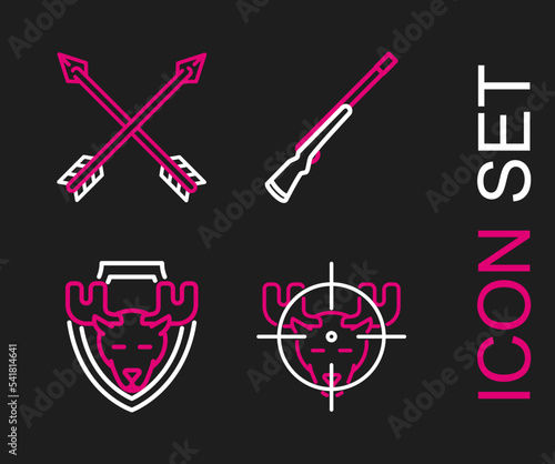 Set line Hunt on moose with crosshairs, Moose head shield, Hunting gun and Crossed arrows icon. Vector