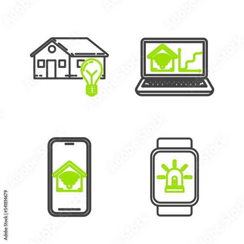 Set line Smart watch with smart house and alarm, Mobile phone home wi-fi, Laptop and light bulb icon. Vector