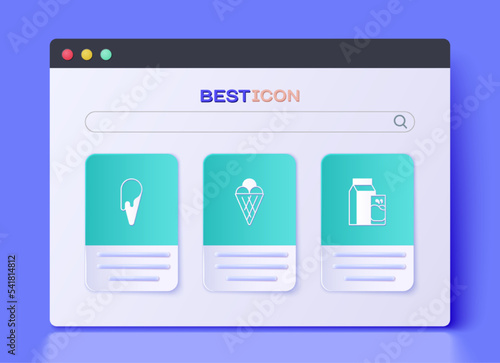Set Ice cream in waffle cone, and Paper package for kefir icon. Vector