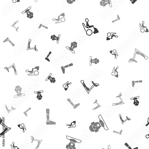 Set Woman in wheelchair, Head of deaf and dumb, Treadmill machine and Prosthesis leg on seamless pattern. Vector