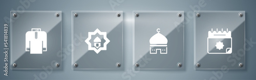 Set Ramadan calendar, Muslim Mosque, and Shirt kurta. Square glass panels. Vector