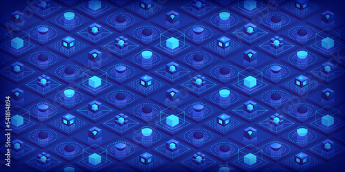 Abstract futuristic isometric background Technology connection digital data and big data concept Block chain technology with polygonal shapes on dark blue Illustration vector design digital concept