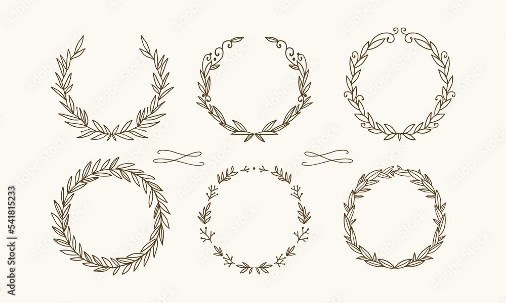 Set of round frames for text with patterns, leaves and twigs. Elegant natural hand-painted decor. Set of round frames for text with patterns, leaves and twigs. Elegant natural hand-painted decor.