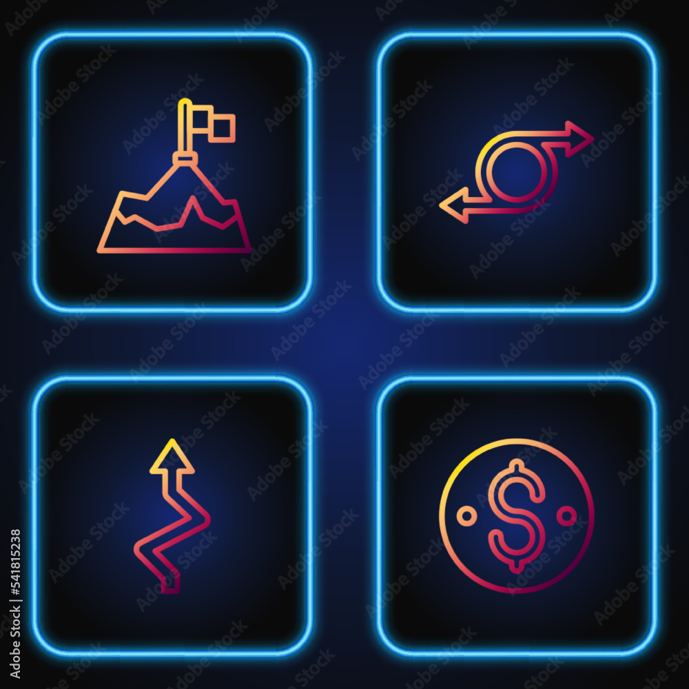 Set line Dollar symbol, Arrow, Mountains with flag and . Gradient color icons. Vector Set line Dollar symbol, Arrow, Mountains with flag and . Gradient color icons. Vector