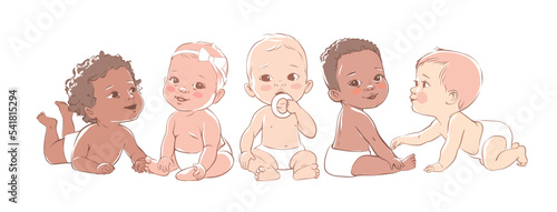 Multicultural group of cute little little baby boys and baby girls in a diapers sitting on a white. Active baby of 3-12 months. First year baby development. Newborn crawling and smiling.