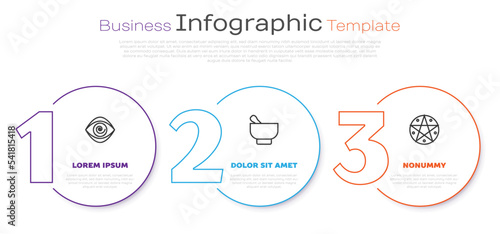 Set line Hypnosis, Magic mortar and pestle and Pentagram in circle. Business infographic template. Vector