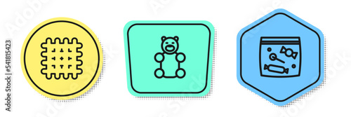 Set line Cracker biscuit, Jelly bear candy and Candy packaging for sweets. Colored shapes. Vector