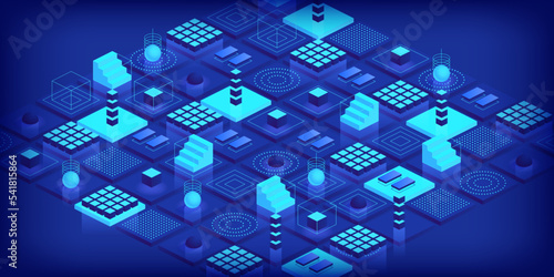 Technologies background concept. Abstract futuristic cubes design and different geometric shapes. Digital innovation and artificial intelligence. Blockchain tech. Vector illustration in isometric view