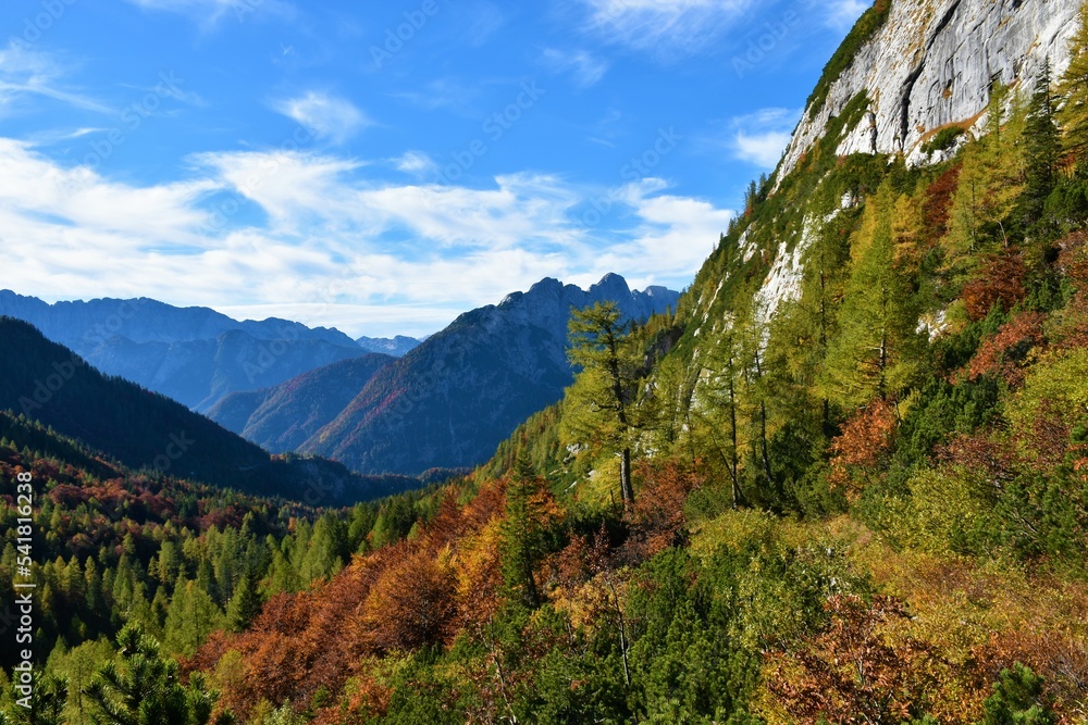View of mountains above Trenta valley from Vrsic mountain pass in Julian alps, Slovenia in autumn