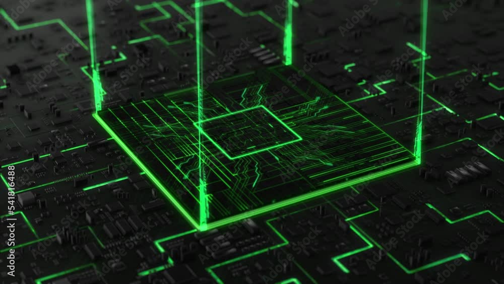 Futuristic Microchip Processors With Green Electrons. Animation Cpu Gpu ...