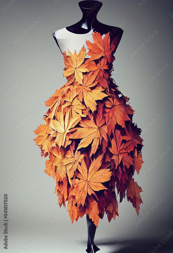 Autumn dress made of orange maple leaves on a mannequin Stock ...