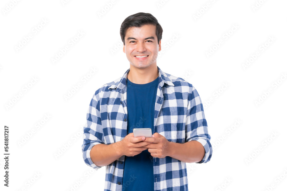 lifestyle Asian man feel happy using smartphone shopping online and online banking isolated on white background with copy space , business concept lifestyle Asian man feel happy using smartphone shopping online and online banking isolated on white background with copy space , business concept