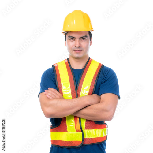 Portrait young architect man engineering wearing yellow helmet , He standing arms crossed isolated on white background with copy space