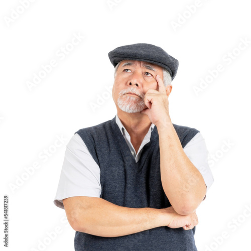 Portrait Asian senior man , old man , serious face thinking about something isolated on white background - lifestyle senior male thinking about question