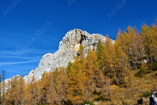 Peak of Mala Ti  arica mountain above Triglav lakes valley in Julian alps and Triglav national park  Gorenjska  Slovenia with golden colored larch trees in autumn