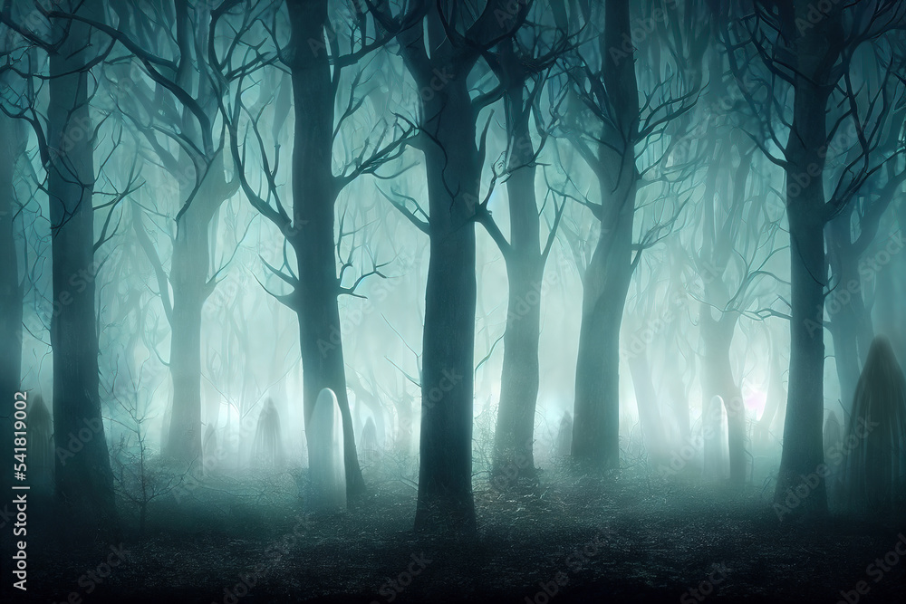 Spooky ghostly silhouettes in night forest. Fog and mysterious glow