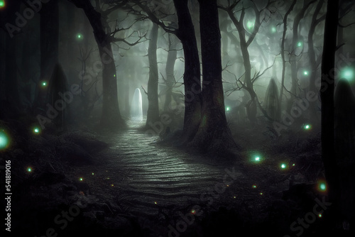 White ghostly figure standing at distance on a path in dark foggy forest at night, spooky Halloween atmosphere, generative AI illustration © ChaoticDesignStudio