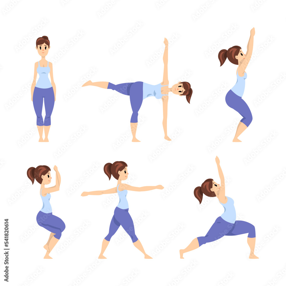 Young Woman Standing in Yoga Pose and Asana Practicing and Stretching Vector Set