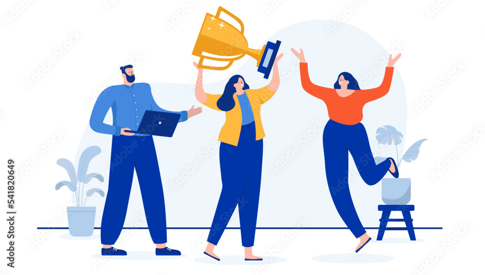 People winning in office - Team of happy businesspeople with trophy cup and celebrating at work. Flat design cartoon illustration with white background