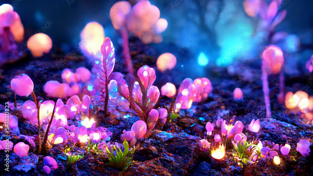 Real 4K, 16:9, Colorful unreal bioluminescence flower plants in forest