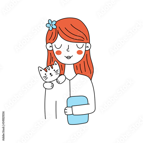 A stylized girl is holding a tablet. A veterinarian with a cat. Vector doodle illustration