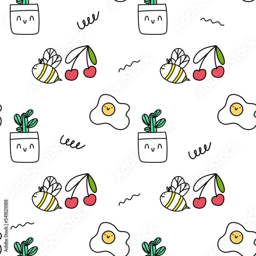 Kawaii seamless pattern. Pattern with scrambled eggs, cactus, cherry and bee. Doodle vector illustration