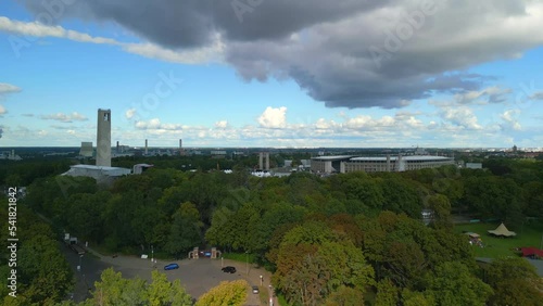 olympia bell tower stadium in shadow big cloud. Great aerial view flight berlin photo