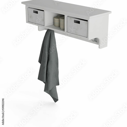 3D rendering of a paler gray coat rack display storage unit shelf isolated on a white background photo