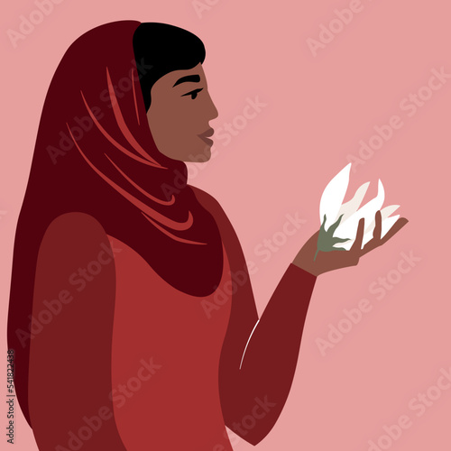 A girl in a hijab with open hair in profile. A symbol of Muslim women's struggle for rights. Vector graphics.
