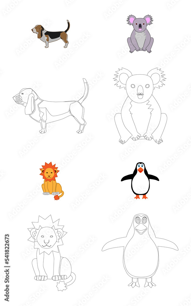 Children's coloring animal dog, lion, koala and penguin Children's coloring animal dog, lion, koala and penguin