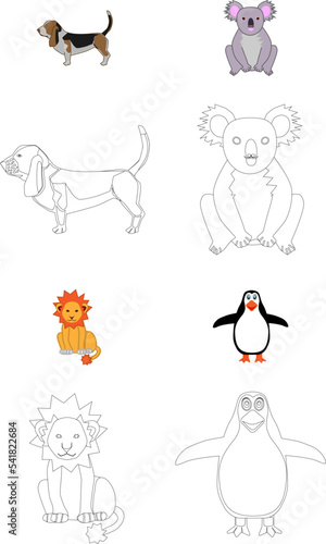 Children's coloring animal dog, lion, koala and penguin for drawing and painting