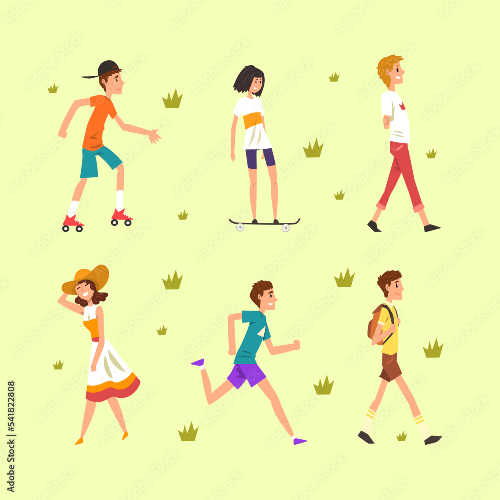 People Characters Doing Sport and Walking in City Park on Green Grass Vector Set People Characters Doing Sport and Walking in City Park on Green Grass Vector Set