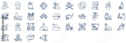 Collection of icons related to Ayurvedic and treatment, including icons like Fish spa, Massage, spa and more. vector illustrations, Pixel Perfect set