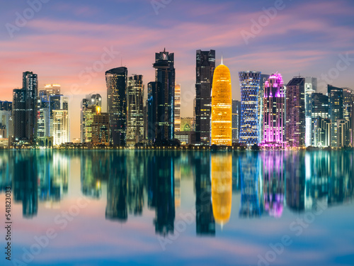 Doha city buildings colorful lights during night, Doha, Qatar