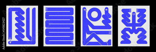 Abstract poster with minimalistic funny character. Characters with flat long arms and legs. Set of posters with noise texture